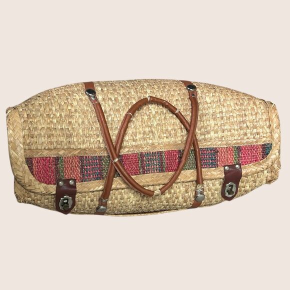 🧺 VTG WOVEN STRAW SUITCASE TOTE MEXICAN SOUVENIR MARKET BAG TURN LOCK CLOSURE - Picture 3 of 8
